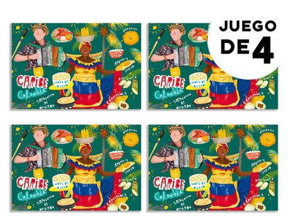Individuales con diseño,con ilustración del Caribe colombiano — palenquera, vallenato y comida típica costeña , individuales ilustrados Colombia, individual sostenible con diseño colombiano, individual hecho con botellas recicladas Colombia, individual eco-friendly Colombia, decoración hogar con arte colombiano, individuales de tela colombianos, eco souvenir Colombia.aile