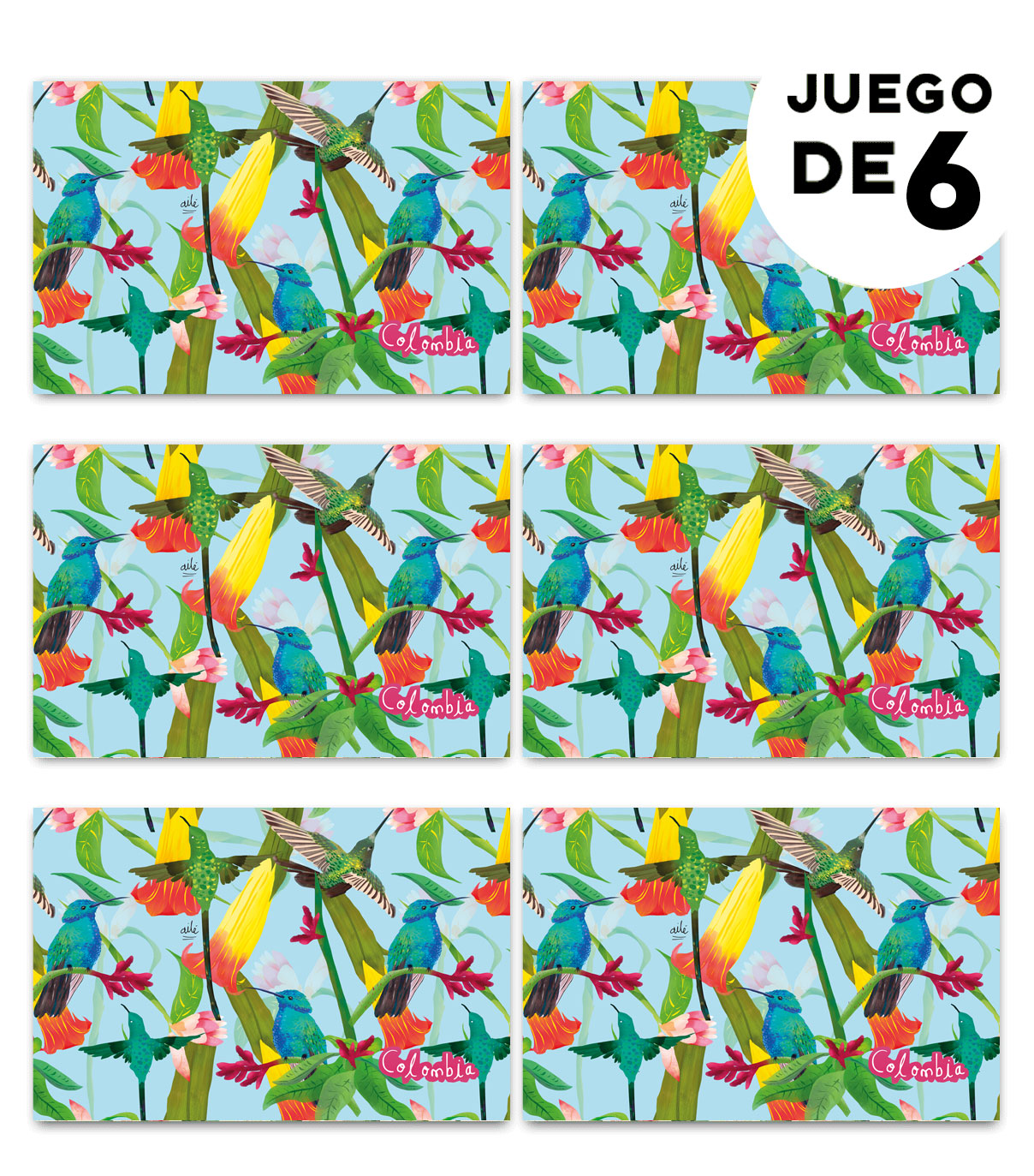Individual de tela impermeable, inspirado en los colibríes colombianos, aves emblemáticas de la biodiversidad, ilustración botánica, Aves de Colombia Ilustradas, colibrí colombiano, colibríes de Colombia ilustrados, set de individuales colombianos, regalos con identidad colombiana, illustrated Colombia table mat, decoración de mesa colombiana, decoración colombiana para comedor, set de individuales con diseño de fauna colombiana, detalle empresarial colombiano ilustrado.Aile
