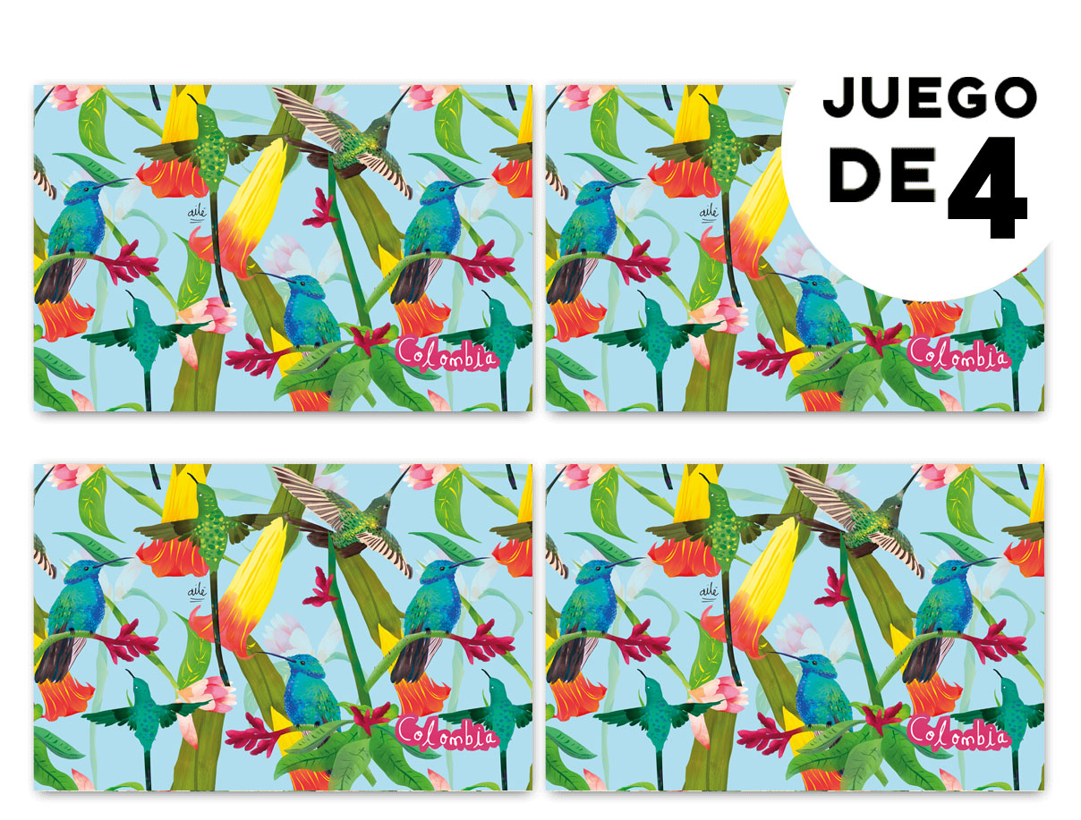 Individuales con diseño, con ilustración de colibríes de Colombia, souvenir de fauna y flora tropical, aves de Colombia, fauna aviar colombiana, souvenir colibrí Colombia, regalo colibríes colombianos,Colombian hummingbird souvenir, hummingbird Colombia gif, colombian illustrated home accessories, individuales decorativos Colombia, regalo para colombianos en el exterior, set de individuales colombianos, regalos con identidad colombiana, illustrated Colombia table mat, decoración de mesa colombiana.Aile