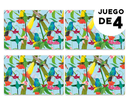 Individuales con diseño, con ilustración de colibríes de Colombia, souvenir de fauna y flora tropical, aves de Colombia, fauna aviar colombiana, souvenir colibrí Colombia, regalo colibríes colombianos,Colombian hummingbird souvenir, hummingbird Colombia gif, colombian illustrated home accessories, individuales decorativos Colombia, regalo para colombianos en el exterior, set de individuales colombianos, regalos con identidad colombiana, illustrated Colombia table mat, decoración de mesa colombiana.Aile