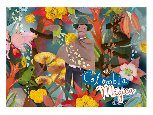 Set de individuales, con diseño del campesino colombiano con sombrero  y ruana, naturaleza, fauna, biodiversidad colombiana con sombrero entre flora tropical exuberante — flores rojas, amarillas y azules, diseño, individual hecho con botellas recicladas Colombia, regalo colombiano para el hogar, individual ecológico colombiano, detalle colombiano para la mesa, individuales de mesa colombianos, individual tela reciclada Colombia.Aile