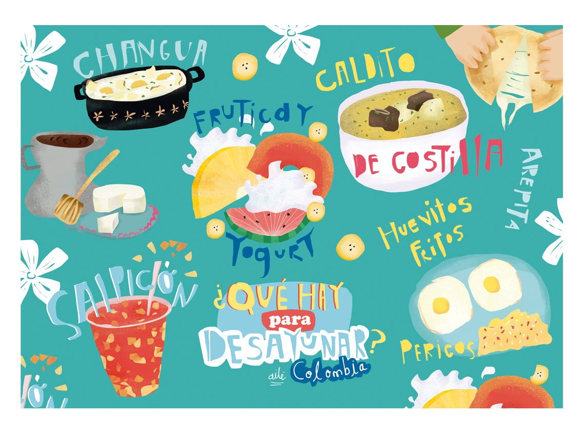 Individuales con diseño,  ilustrado "¿Qué hay para desayunar?" con desayuno colombiano — tamal, arepa y changua, regalo colombiano para el hogar, individual ecológico colombiano, detalle colombiano para la mesa, individuales de mesa colombianos, individual tela reciclada Colombia, individuales ilustrados Colombia, individual sostenible con diseño colombiano.Aile