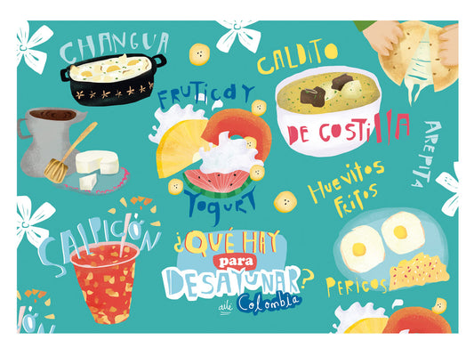 Individuales con diseño,  ilustrado "¿Qué hay para desayunar?" con desayuno colombiano — tamal, arepa y changua, regalo colombiano para el hogar, individual ecológico colombiano, detalle colombiano para la mesa, individuales de mesa colombianos, individual tela reciclada Colombia, individuales ilustrados Colombia, individual sostenible con diseño colombiano.Aile