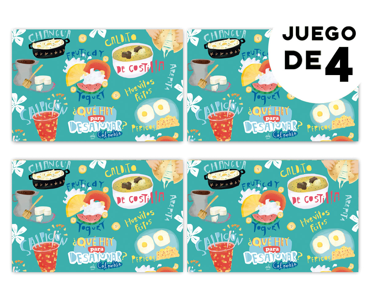 Individual de tela impermeable, ilustración de desayuno típico colombiano — arepa, tamal, calentado y salpicón ,  individuales decorativos Colombia, regalo para colombianos en el exterior, set de individuales colombianos, regalos con identidad colombiana, illustrated Colombia table mat, decoración de mesa colombiana, decoración colombiana para comedor, set de individuales con diseño de fauna colombiana.Aile
