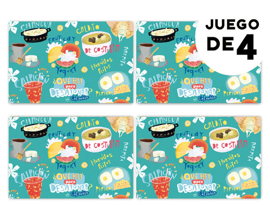 Individual de tela impermeable, ilustración de desayuno típico colombiano — arepa, tamal, calentado y salpicón ,  individuales decorativos Colombia, regalo para colombianos en el exterior, set de individuales colombianos, regalos con identidad colombiana, illustrated Colombia table mat, decoración de mesa colombiana, decoración colombiana para comedor, set de individuales con diseño de fauna colombiana.Aile