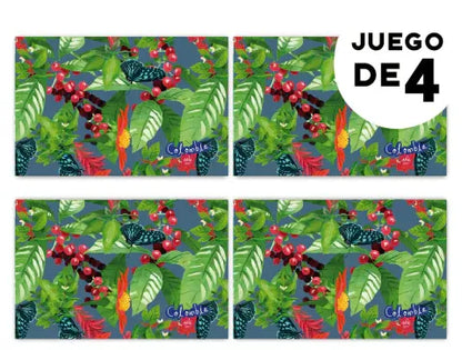 Individual de tela impermeable, ilustrado con tradición cafetera de Colombia  — campesino y cosecha de café, Eje Cafetero Colombia, souvenir Eje Cafetero, regalo del eje cafetero, cultura cafetera, individuales decorativos Colombia, regalo para colombianos en el exterior, set de individuales colombianos, regalos con identidad colombiana, illustrated Colombia table mat, decoración de mesa colombiana, decoración colombiana para comedor, set de individuales con diseño de fauna colombiana.Aile