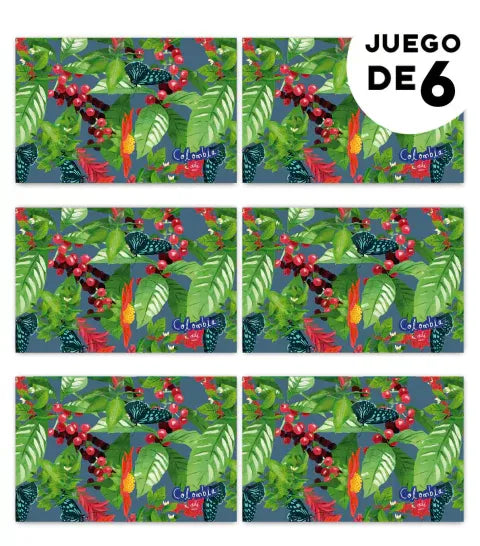 Individual de tela impermeable,  ilustrada con campesinos cafeteros del Eje Cafetero colombiano — inspirado en la cosecha de café y el paisaje cafetero de Colombia,  souvenir café Colombia,  individuales colombianos para regalo empresarial, individuales decorativos con biodiversidad colombiana, individuales para mesa diseño Ailé Colombia, regalo corporativo colombiano original.Aile