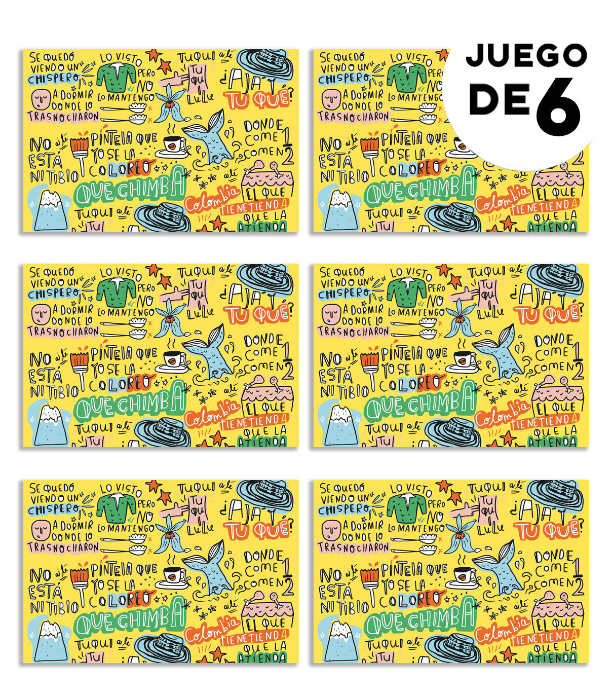 Individuales para mesa con, ilustrado con frases típicas colombianas — "Que chimba", dichos y humor colombiano, dormir donde lo trasnocharon,  set de individuales con diseño de fauna colombiana, detalle empresarial colombiano ilustrado, individuales colombianos para regalo empresarial, individuales decorativos con biodiversidad colombiana, individuales para mesa diseño Ailé Colombia, regalo corporativo colombiano original.aile