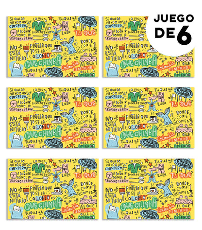 Individuales para mesa con, ilustrado con frases típicas colombianas — "Que chimba", dichos y humor colombiano, dormir donde lo trasnocharon,  set de individuales con diseño de fauna colombiana, detalle empresarial colombiano ilustrado, individuales colombianos para regalo empresarial, individuales decorativos con biodiversidad colombiana, individuales para mesa diseño Ailé Colombia, regalo corporativo colombiano original.aile