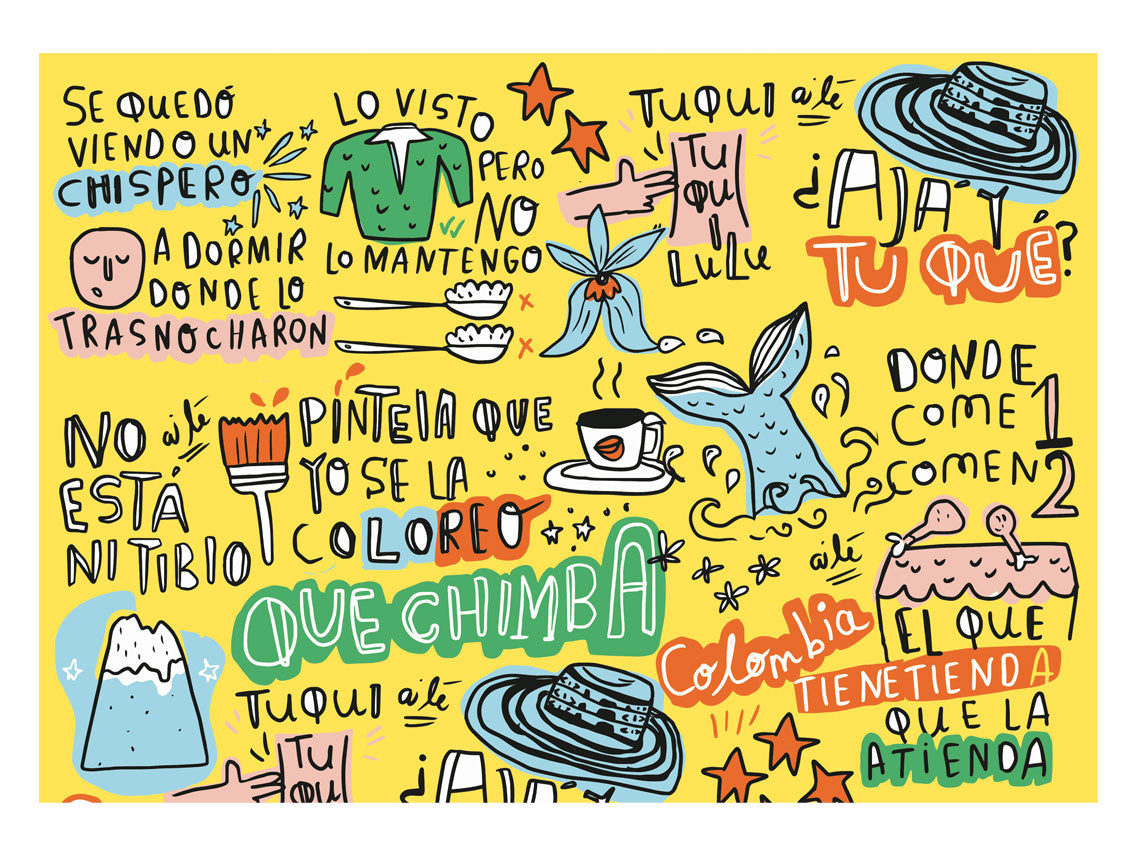 Set de individuales,ilustrado fondo amarillo vibrante lleno de frases típicas colombianas escritas con ilustraciones: "Que chimba", "Pintela que yo se la coloreo", "A ni tibio", "Lo visto pero no lo mantengo", "Tuqui tuqui", "¿Tu qué? Colombia", "Donde come uno comen dos", "El que tiene tienda que la atienda", "¿Ajá?", "Lulú",regalo colombiano para el hogar, individual ecológico colombiano, detalle colombiano para la mesa, individuales de mesa colombianos, individual tela reciclada Colombia-aile