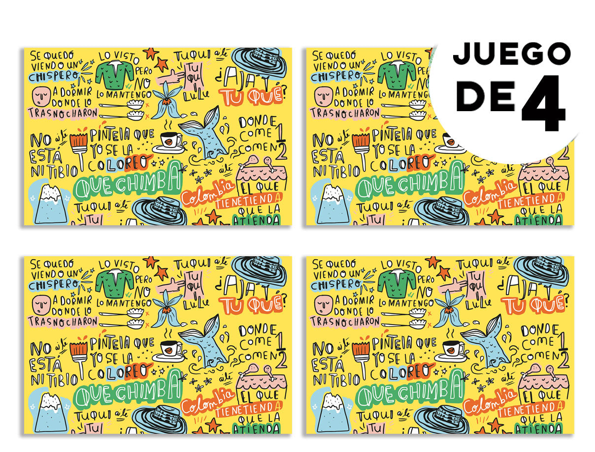  Individuales con diseño,con diseño de frases Colombianas - acompañadas de íconos colombianos: sombrero vueltiao, aguapanela, colino, sirena, casas de pueblo, individuales ilustrados Colombia, individual sostenible con diseño colombiano, individual hecho con botellas recicladas Colombia, individual eco-friendly Colombia, decoración hogar con arte colombiano, individuales de tela colombianos, eco souvenir Colombia.aile