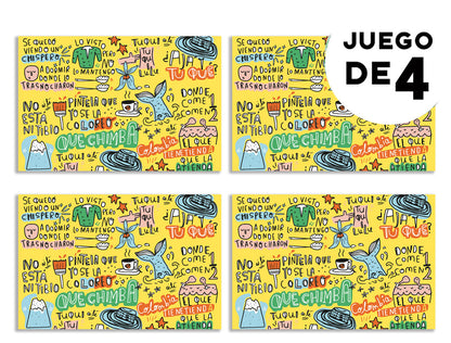 Individuales con diseño,con diseño de frases Colombianas - acompañadas de íconos colombianos: sombrero vueltiao, aguapanela, colino, sirena, casas de pueblo, individuales ilustrados Colombia, individual sostenible con diseño colombiano, individual hecho con botellas recicladas Colombia, individual eco-friendly Colombia, decoración hogar con arte colombiano, individuales de tela colombianos, eco souvenir Colombia.aile