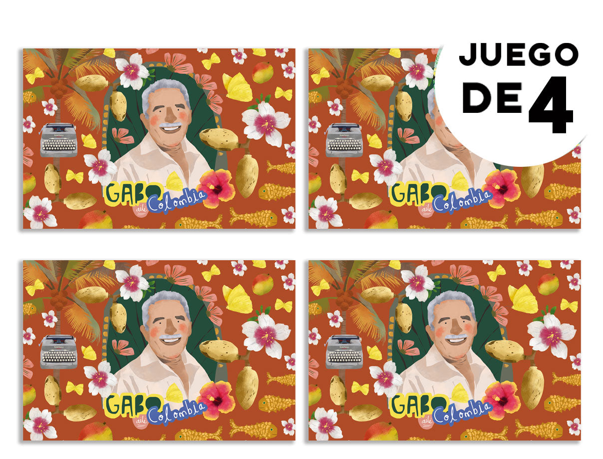 Individual de tela impermeable,con retrato de Gabo — García Márquez entre mariposas amarillas y máquina de escribir ,individuales ilustrados Colombia, individual sostenible con diseño colombiano, individual hecho con botellas recicladas Colombia, individual eco-friendly Colombia, decoración hogar con arte colombiano, individuales de tela colombianos, eco souvenir Colombia.aile