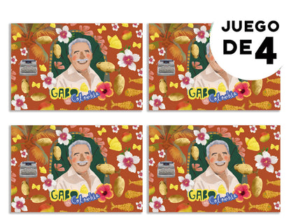 Individual de tela impermeable,con retrato de Gabo — García Márquez entre mariposas amarillas y máquina de escribir ,individuales ilustrados Colombia, individual sostenible con diseño colombiano, individual hecho con botellas recicladas Colombia, individual eco-friendly Colombia, decoración hogar con arte colombiano, individuales de tela colombianos, eco souvenir Colombia.aile