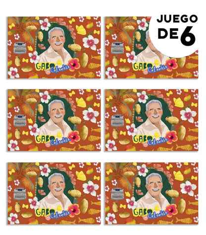 Individual de tela impermeable,ilustrado con Gabriel García Márquez — Gabo entre mariposas y flores tropicales, set de individuales colombianos, regalos con identidad colombiana, illustrated Colombia table mat, decoración de mesa colombiana, decoración colombiana para comedor, set de individuales con diseño de fauna colombiana, detalle empresarial colombiano ilustrado, individuales colombianos para regalo empresarial.aile