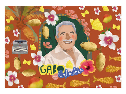 Set de individuales,ilustrado fondo terracota/rojo oscuro con retrato de Gabriel García Márquez sonriente — rodeado de mariposas amarillas, peces dorados, flores tropicales rosas y blancas, mangos. Máquina de escribir ilustrada en la parte inferior. Gabo Colombia,regalo colombiano para el hogar, individual ecológico colombiano, detalle colombiano para la mesa, individuales de mesa colombianos, individual tela reciclada Colombia.aile