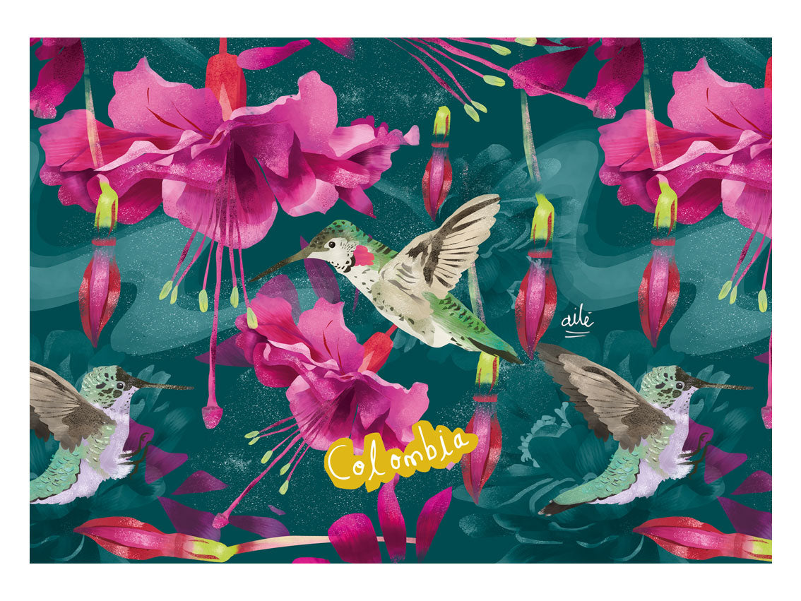 Set de individuales, con diseño de colibríes colombianos y flores tropicales, gracias, orquídea, flores -  regalo colibrí colombiano,regalo colombiano para el hogar, individual ecológico colombiano, detalle colombiano para la mesa, individuales de mesa colombianos, individual tela reciclada Colombia, individuales ilustrados Colombia, individual sostenible con diseño colombiano.aile