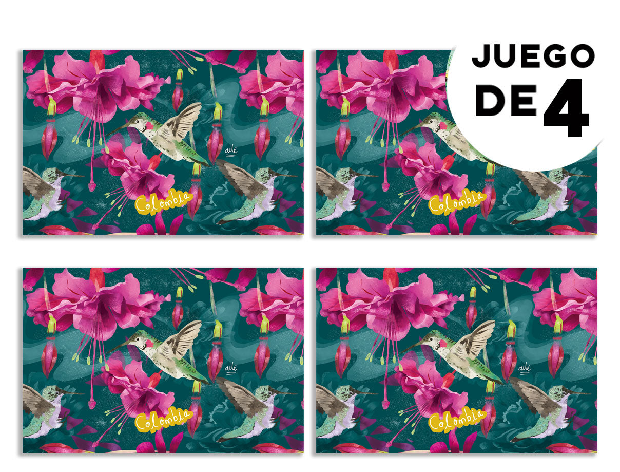 Individuales con diseño, con ilustración botánica de colibríes de Colombia y flores — regalo original para amantes de la naturaleza,colombian illustrated home accessories, individuales decorativos Colombia, regalo para colombianos en el exterior, set de individuales colombianos, regalos con identidad colombiana, illustrated Colombia table mat, decoración de mesa colombiana.aile