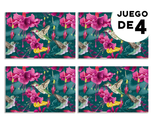 Individuales con diseño, con ilustración botánica de colibríes de Colombia y flores — regalo original para amantes de la naturaleza,colombian illustrated home accessories, individuales decorativos Colombia, regalo para colombianos en el exterior, set de individuales colombianos, regalos con identidad colombiana, illustrated Colombia table mat, decoración de mesa colombiana.aile