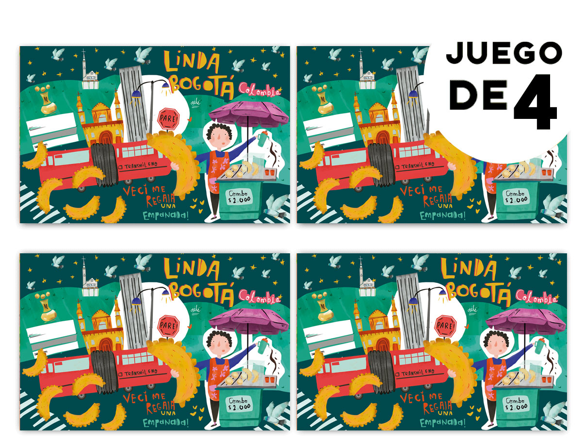 Individuales con diseño,  diseño "Linda Bogotá" con vendedora de empanadas ilustrada, monserrate, palomas, souvenir bogotano, regalo para extranjeros, producto bogotano ilustrado, regalo alusivo a Bogotá,individual sostenible con diseño colombiano, individual hecho con botellas recicladas Colombia,  colombian illustrated home accessories, individuales decorativos Colombia, regalo para colombianos en el exterior, set de individuales colombianos, regalos con identidad colombiana.Aile