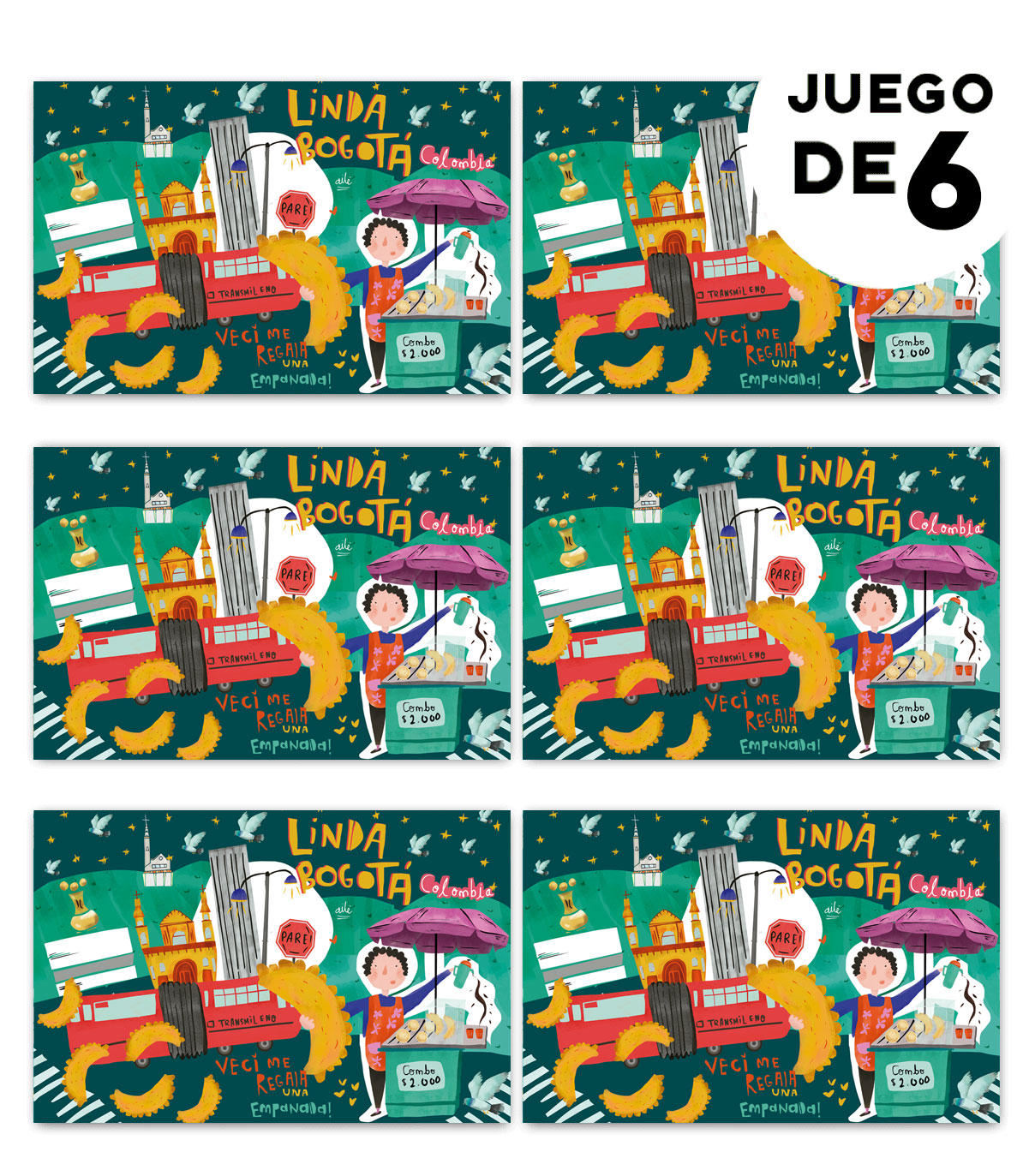 Individuales para mesa con,  ilustrada "Linda Bogotá" con TransMilenio, empanadas, torre colpatria, museo del oro y escenas urbanas, cultura rola — souvenir de Bogotá, hecho en Colombia, cultura Bogota,  detalle empresarial colombiano ilustrado, individuales colombianos para regalo empresarial, individuales decorativos con biodiversidad colombiana, individuales para mesa diseño Ailé Colombia, regalo corporativo colombiano original.Aile