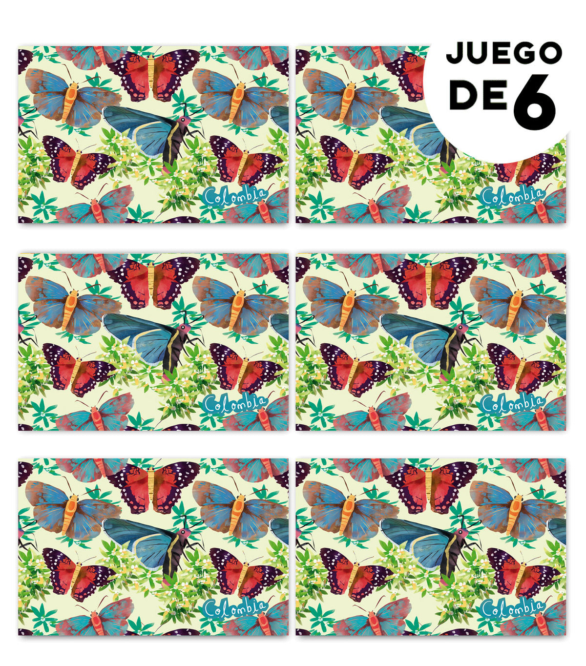 Individual de tela impermeable, ilustrado con mariposas colombianas en azul y rojo, souvenir de biodiversidad, diseño original Ailé Colombia, estampado mariposas Colombia, diseño mariposas tropicales,  regalo para colombianos en el exterior, set de individuales colombianos, regalos con identidad colombiana, illustrated Colombia table mat, decoración de mesa colombiana, decoración colombiana para comedor, set de individuales con diseño de fauna colombiana.Aile
