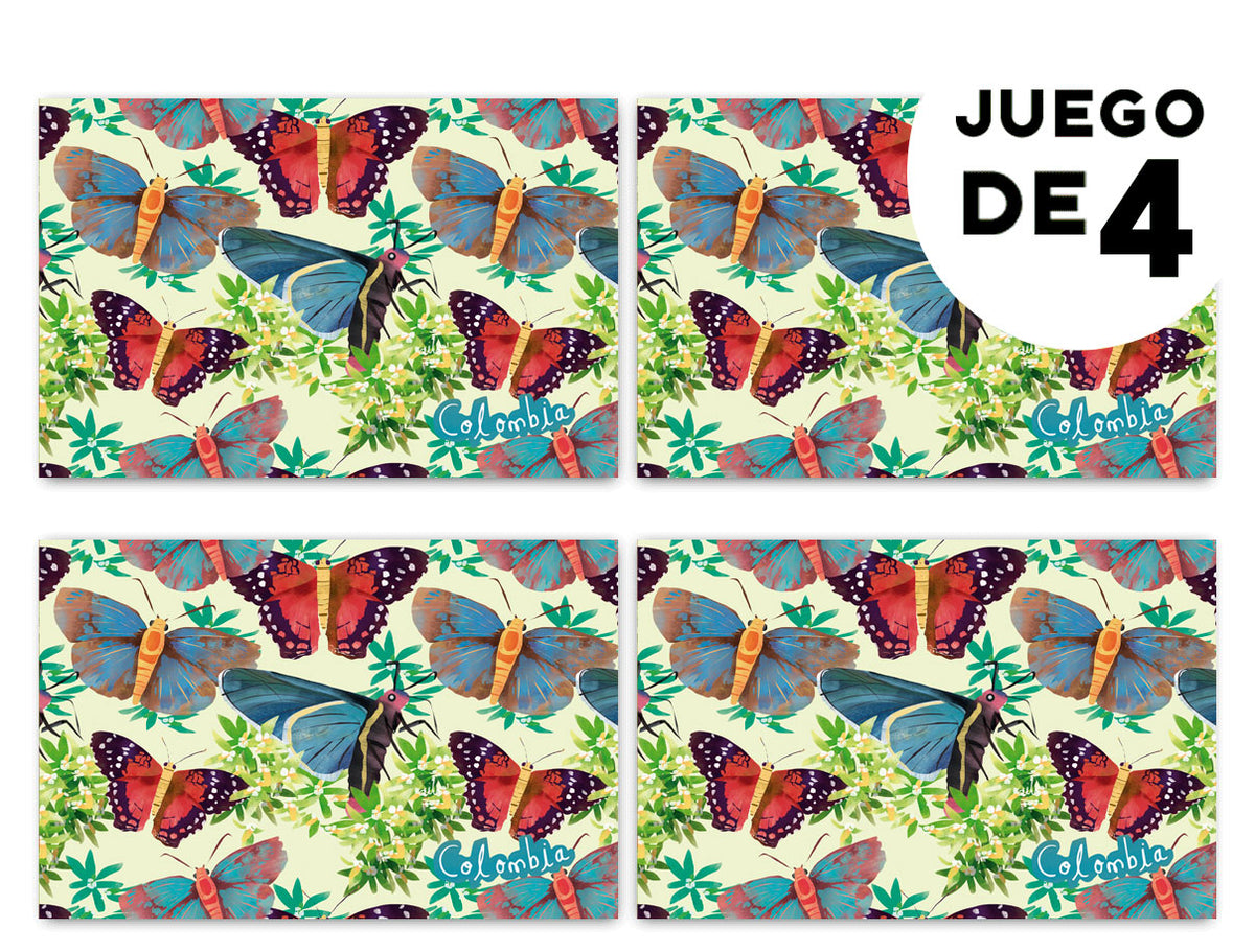 Set de individuales, ilustrado mariposas de Colombia entre ramas tropicales y biodiversidad — regalo colombiano fauna silvestre, souvenir mariposas Colombia, regalo sostenible, recuerdo de viaje original, souvenir mariposas Colombia, regalo mariposas tropicales, colombian illustrated home accessories, individuales decorativos Colombia, regalo para colombianos en el exterior, set de individuales colombianos, regalos con identidad colombiana, illustrated Colombia table mat, decoración de mesa colombiana.Aile