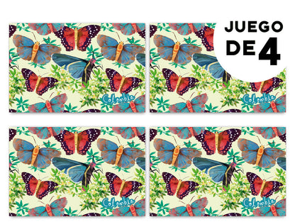 Set de individuales, ilustrado mariposas de Colombia entre ramas tropicales y biodiversidad — regalo colombiano fauna silvestre, souvenir mariposas Colombia, regalo sostenible, recuerdo de viaje original, souvenir mariposas Colombia, regalo mariposas tropicales, colombian illustrated home accessories, individuales decorativos Colombia, regalo para colombianos en el exterior, set de individuales colombianos, regalos con identidad colombiana, illustrated Colombia table mat, decoración de mesa colombiana.Aile
