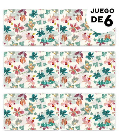 Individual de tela impermeable,con diseño de orquídeas de Colombia - Flor emblemática en tonos rosas y verdes ,et de individuales colombianos, regalos con identidad colombiana, illustrated Colombia table mat, decoración de mesa colombiana, decoración colombiana para comedor, set de individuales con diseño de fauna colombiana, detalle empresarial colombiano ilustrado.aile