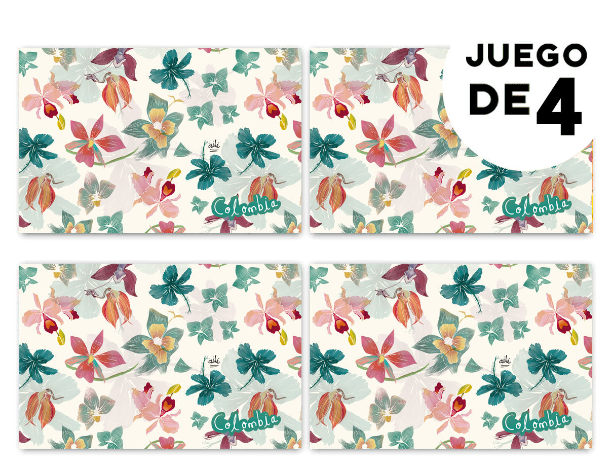 Individuales con diseño,  con orquídeas colombianas  — Flores  — flor de mayo - flora y fauna con diseño de Colombia, individual hecho con botellas recicladas Colombia, individual eco-friendly Colombia, decoración hogar con arte colombiano, individuales de tela colombianos, eco souvenir Colombia, Colombian illustrated home accessories, individuales decorativos Colombia, regalo para colombianos en el exterior.aile