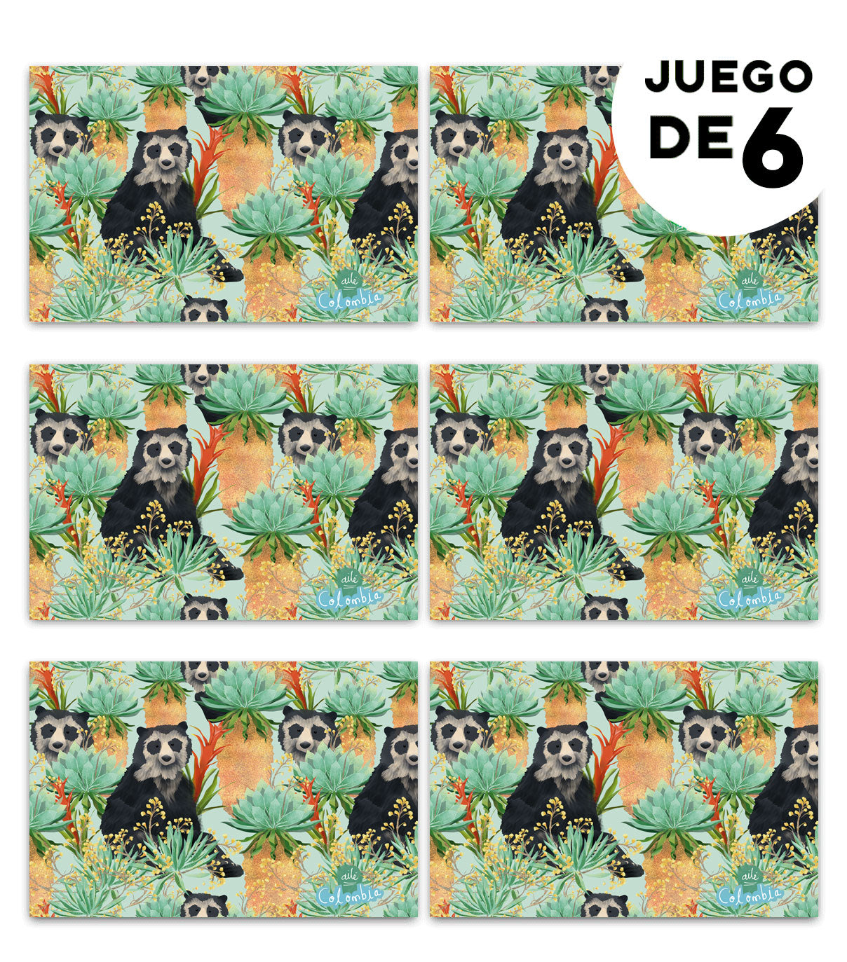 Individual de tela impermeable,lustrado con oso de anteojos y frailejones colombianos, flor del frailejón diseño original Ailé souvenir de fauna andina, oso de anteojos, especie endémica de los Andes de Colombia, oso de anteojos Colombia, oso andino colombiano, páramo colombiano ilustrado, frailejones Colombia,  decoración colombiana para comedor, set de individuales con diseño de fauna colombiana, detalle empresarial colombiano ilustrado, individuales colombianos para regalo empresarial.Aile