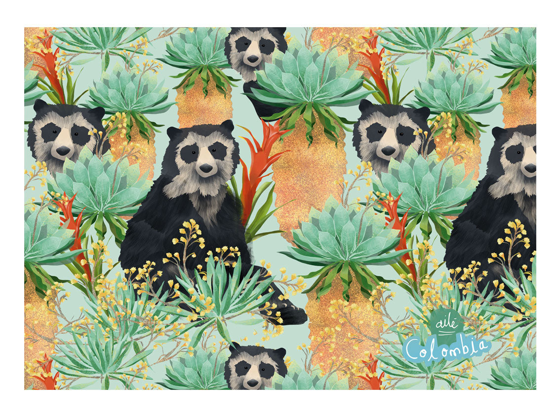 Set de individuales, oso de anteojos 100% ilustrada — guardián del páramo, naturaleza, bosque, heliconias, frailejones  y biodiversidad, frailejones andinos colombianos souvenir colombiano, regalo oso anteojos colombiano, spectacled bear Colombia gift, Andean bear souvenir, regalo colombiano para el hogar, individual ecológico colombiano, detalle colombiano para la mesa, individuales de mesa colombianos, individual tela reciclada Colombia.Aile