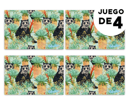 Individuales con diseño, diseño oso andino, habita en los páramos, bromelias y frailejones, flora de páramoindividuales ilustrados Colombia, individual sostenible con diseño colombiano, individual hecho con botellas recicladas Colombia,  colombian illustrated home accessories, individuales decorativos Colombia, regalo para colombianos en el exterior.Aile