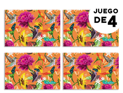 Individuales con diseño,con diseño de colibríes, mariposas monarca y abejas de Colombia fauna y biodiversidad, souvenirs de polinizadores,individual sostenible con diseño colombiano, individual hecho con botellas recicladas Colombia, individual eco-friendly Colombia, decoración hogar con arte colombiano.aile