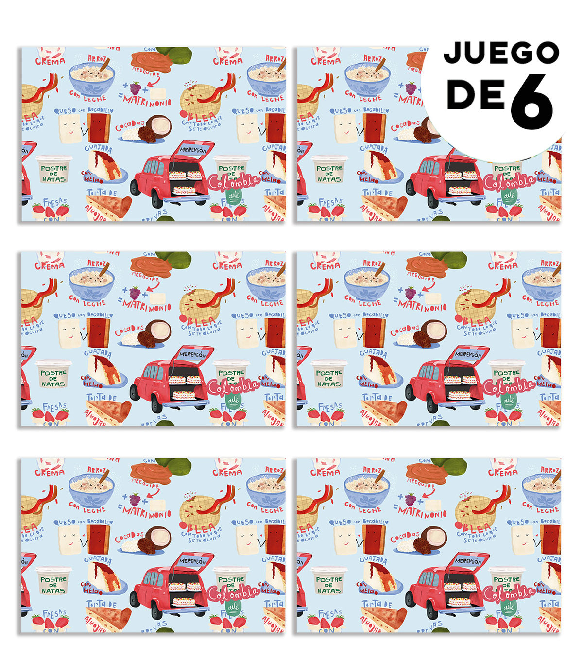 Individual de tela impermeable, inspirado en los postres tradicionales que alegran la vida colombiana, regalo gastronómico y souvenir dulce de Colombia, postres colombianos típicos, dulces tradicionales Colombia,set de individuales colombianos, regalos con identidad colombiana, illustrated Colombia table mat, decoración de mesa colombiana, decoración colombiana para comedor, set de individuales con diseño de fauna colombiana, detalle empresarial colombiano ilustrado.Aile