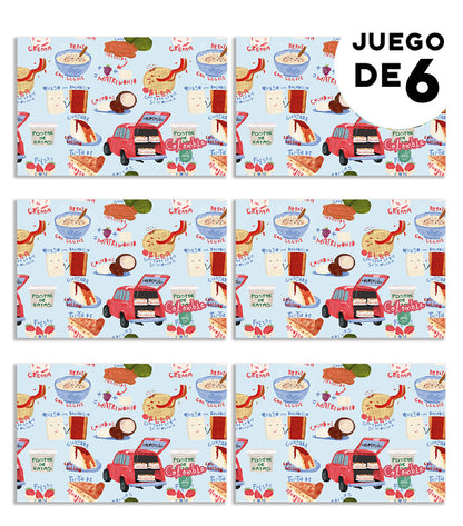 Individual de tela impermeable, inspirado en los postres tradicionales que alegran la vida colombiana, regalo gastronómico y souvenir dulce de Colombia, postres colombianos típicos, dulces tradicionales Colombia,set de individuales colombianos, regalos con identidad colombiana, illustrated Colombia table mat, decoración de mesa colombiana, decoración colombiana para comedor, set de individuales con diseño de fauna colombiana, detalle empresarial colombiano ilustrado.Aile