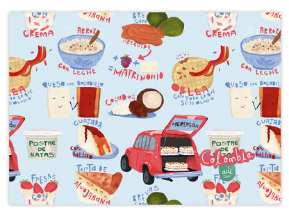 Set de individuales, diseño "Postres colombianos que alegran la vida" — merengón, arequipe y cocadas — regalo de cocina colombiana, Colombian desserts gift, traditional sweets Colombia souvenir, regalo colombiano para el hogar, individual ecológico colombiano, detalle colombiano para la mesa, individuales de mesa colombianos, individual tela reciclada Colombia, individuales ilustrados Colombia, individual sostenible con diseño colombiano.Aile