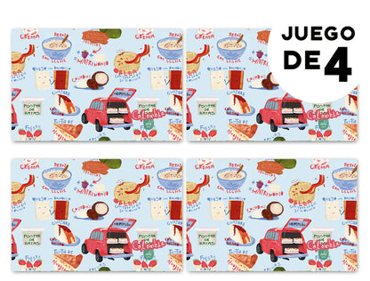 Individuales con diseño, on ilustración de postres típicos colombianos — arroz con leche, postre de natas y fresas con crema — regalo original, postres colombianos que alegran la vida, recetas dulces colombianas, colombian illustrated home accessories, individuales decorativos Colombia, regalo para colombianos en el exterior, set de individuales colombianos, regalos con identidad colombiana.Aile