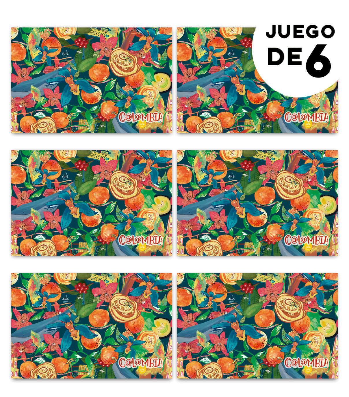 Individuales para mesa con,  ilustrado con acordeón, frutas exóticas, ajiaco, orquídea, torre del reloj cartagena, grano del café, arpa, sombrero vueltiao, ballena jorobada y flora tropical colombiana, Colombian vallenato gift, detalle empresarial colombiano ilustrado, individuales colombianos para regalo empresarial, individuales decorativos con biodiversidad colombiana, individuales para mesa diseño Ailé Colombia, regalo corporativo colombiano original.Aile