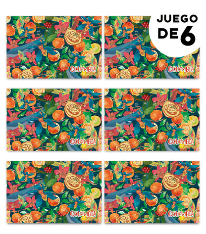 Individuales para mesa con,  ilustrado con acordeón, frutas exóticas, ajiaco, orquídea, torre del reloj cartagena, grano del café, arpa, sombrero vueltiao, ballena jorobada y flora tropical colombiana, Colombian vallenato gift, detalle empresarial colombiano ilustrado, individuales colombianos para regalo empresarial, individuales decorativos con biodiversidad colombiana, individuales para mesa diseño Ailé Colombia, regalo corporativo colombiano original.Aile