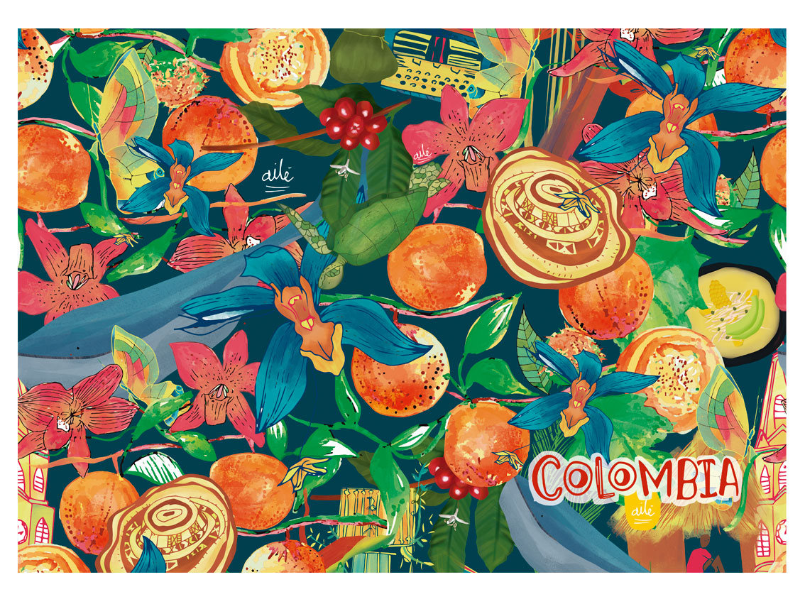 Set de individuales, ilustrado "Sabrosura" con frutas tropicales, aves, flor de mayo, heliconias, cattleya, zona cafetera y pueblo colombiano — regalo colombiano sabor y cultura, vallenato colombiano, acordeón Colombia ilustrado, cultura caribe colombiana, individual sostenible con diseño colombiano, individual hecho con botellas recicladas Colombia,  colombian illustrated home accessories, individuales decorativos Colombia.Aile