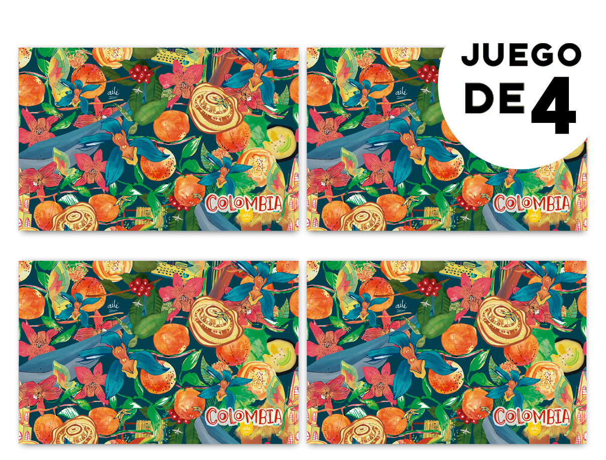 Individuales con diseño, con ilustración de frutas exóticas, flor nacional de Colombia, café, vallenato, aves y arquitectura colombiana — regalo sabor tropical de Colombia, sabrosura colombiana, "sabores colombianos ilustrados, "frutas tropicales Colombia,   colombian illustrated home accessories, individuales decorativos Colombia, regalo para colombianos en el exterior, set de individuales colombianos, regalos con identidad colombiana, illustrated Colombia table mat, decoración de mesa colombiana.Aile