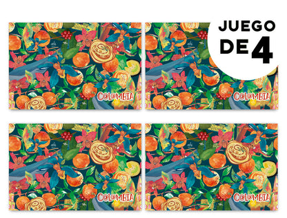 Individuales con diseño, con ilustración de frutas exóticas, flor nacional de Colombia, café, vallenato, aves y arquitectura colombiana — regalo sabor tropical de Colombia, sabrosura colombiana, "sabores colombianos ilustrados, "frutas tropicales Colombia,   colombian illustrated home accessories, individuales decorativos Colombia, regalo para colombianos en el exterior, set de individuales colombianos, regalos con identidad colombiana, illustrated Colombia table mat, decoración de mesa colombiana.Aile