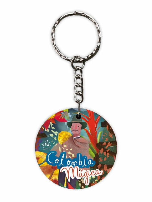 Llavero souvenir ,  inspirado en la magia y diversidad cultural de Colombia, flores tropicales colombianas, souvenir y regalo cultural colombiano, personaje típico colombiano, regalo turismo Colombia, diversidad cultural colombiana, Colombia única ilustrada, magical Colombia gift, Colombia magic souvenir, flores y cultura Colombiana Ilustrada,  llavero turístico Colombia, llavero regalo colombiano, llavero madera grabado Colombia, illustrated Colombia keychain gift, llavero Colombia regalo viajero.Ailé