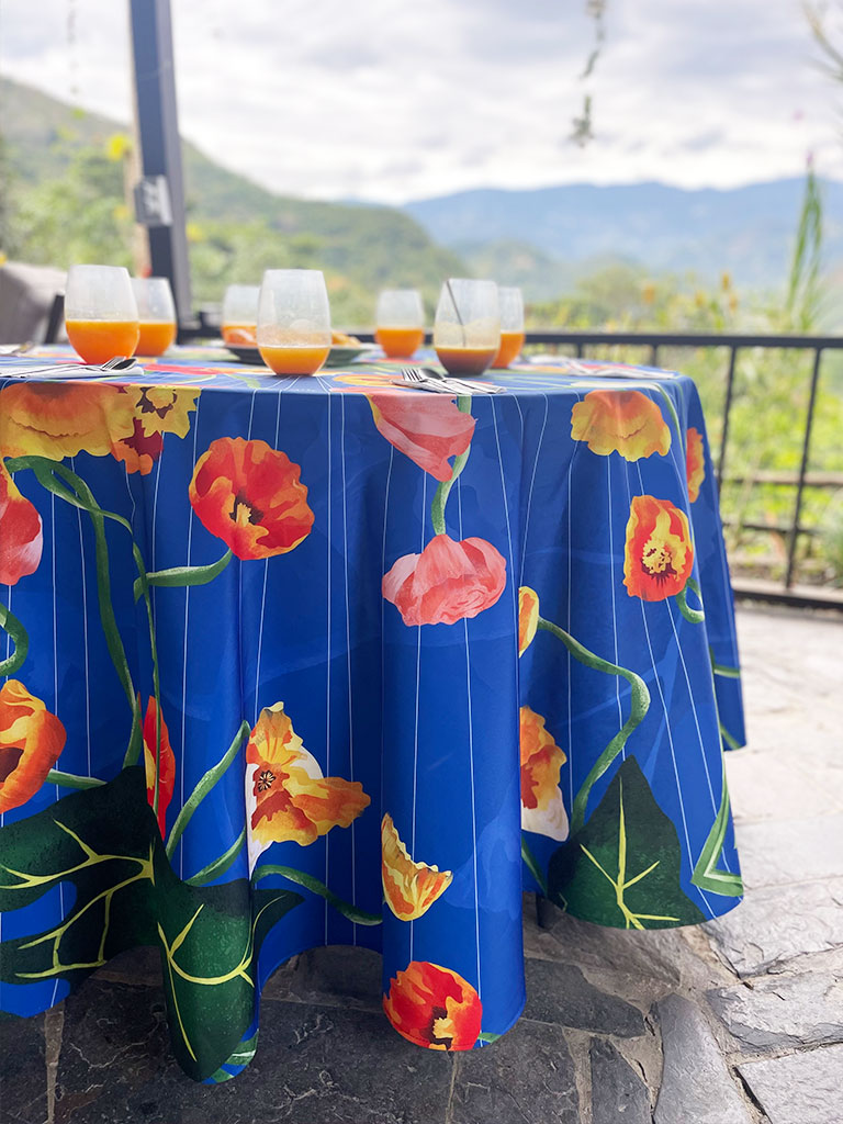 Mantel redondo ecológico ilustrado con flores en azul y naranja sobre mesa en terraza colombiana, mantel navidad colombiano ilustrado, sustainable tablecloth Colombia design, mantel decoración hogar Colombia, mantel pascua Colombia floral, mantel fiesta colombiana decoración, decoración de comedores modernos colombia, mantel redondo Colombia, mantel eventos corporativos Colombia, mantel boda Colombia floral, Colombian wildflower tablecloth. Ailé
