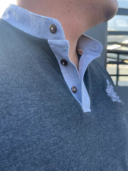 Polo Ailé diseño frailejón, ícono del páramo colombiano bordado, polo gris cuello azul bordado, polo bicolor detalle bordado, polo bordado pequeño pecho, polo frailejón hecho en Colombia, frailejón Colombian páramo apparel, polo elegante casual colombiano. Ailé