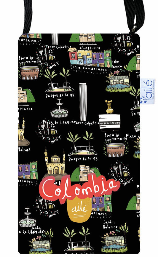 Portagafas/ portacelular impermeable, con ilustración urbana colombiana, — souvenir colombiano, regalo bogotano, rolo e ilustrado, recuerdo de viaje original, regalo práctico, lugares icónicos de Bogotá, lugares representativos de Bogotá, diseño, souvenir Colombiano, recuerdo de Bogotá, portagafas con diseño original, porta celular ecológico ilustrado Colombia, regalo ecológico Día de la Madre colombiano, accesorio biodiversidad colombiana, portagafas diseño naturaleza Colombia, detalle original, Aile