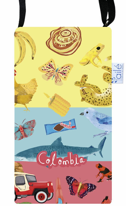 Portagafas/ portacelular impermeable, ilustrado con símbolos de Colombia en tres franjas — fauna, chiva, yipao, sombrero vueltiao y mar, portagafas con diseño original, porta celular ecológico ilustrado Colombia, regalo ecológico Día de la Madre colombiano, accesorio biodiversidad colombiana, portagafas diseño naturaleza Colombia, detalle original Amor y Amistad Colombia, accesorio biodiversidad colombiana, sustainable Colombian accessories, portagafas diseño naturaleza Colombia.Aile