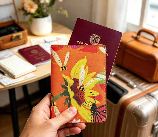 Portapasaporte ilustrado con abejas y girasol, fondo naranja, portapasaporte abejas Colombia, funda pasaporte girasol ilustrad, portapasaporte polinizadores diseño, abejas y mariposas ilustradas pasaporte, diseño girasol naranja accesorio viaje, comprar portapasaporte Colombia online, regalo viajero accesorio colombiano. Ailé