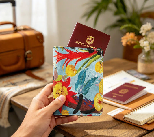 Portapasaporte ilustrado con flora tropical sobre fondo celeste, portapasaporte flora tropical Colombia funda pasaporte heliconias ilustrado
portapasaporte diseño botánico, heliconias ilustradas accesorio viaje, diseño tropical celeste pasaporte, comprar portapasaporte Colombia online, regalo viajero flora tropical, heliconias, flores amarillas y hojas exóticas. Ailé
